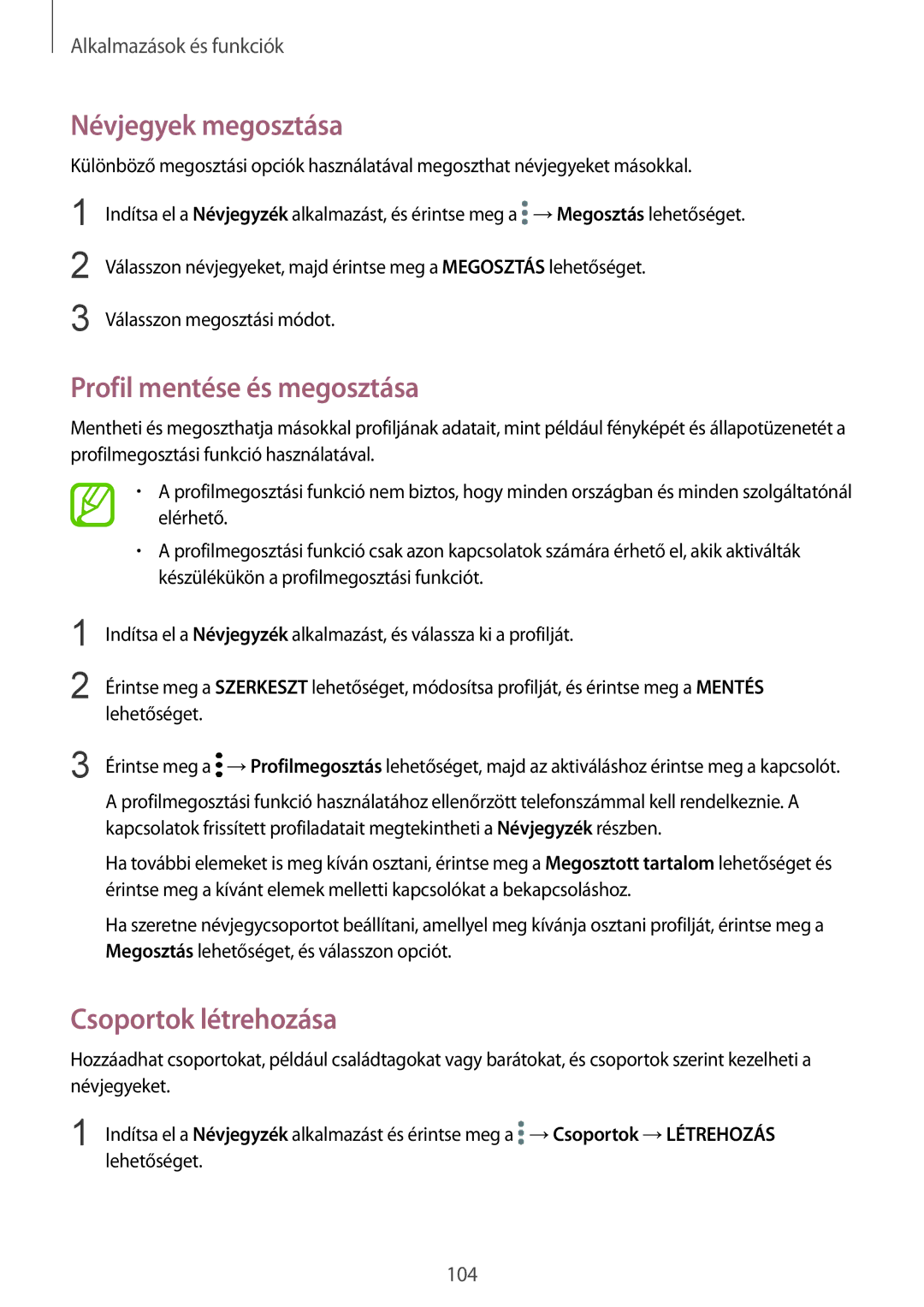 Samsung SM-N950FZKDXEH, SM-N950FZDATMH manual Névjegyek megosztása, Profil mentése és megosztása, Csoportok létrehozása 