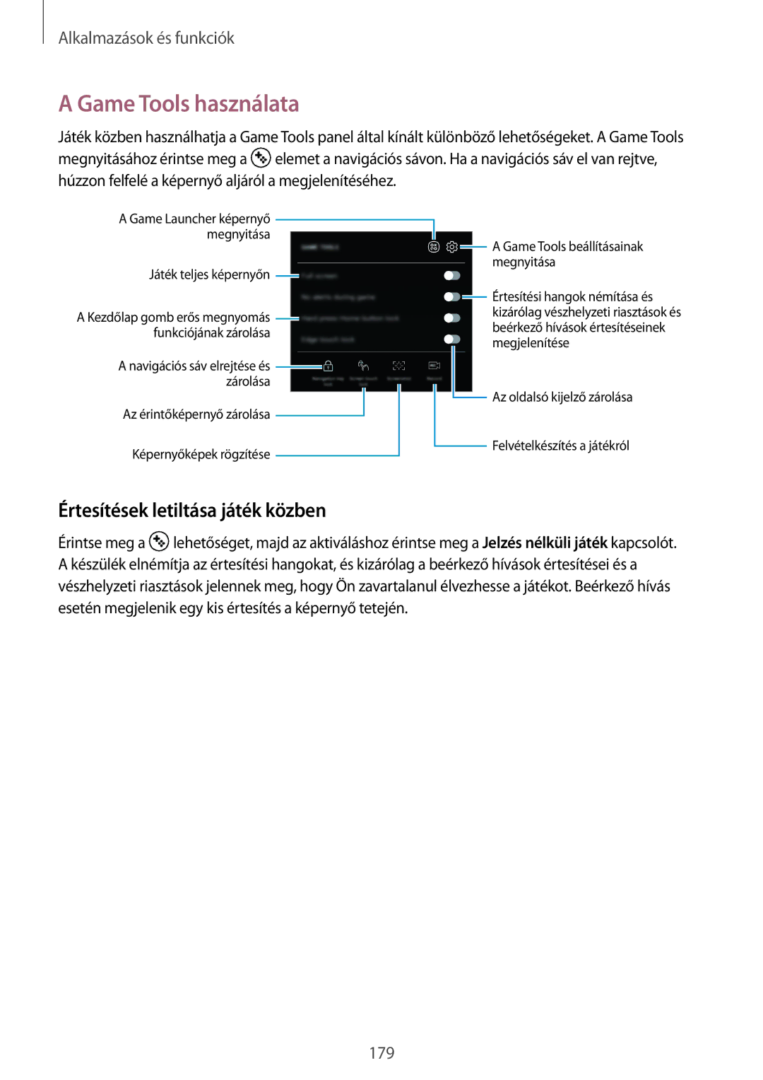 Samsung SM-N950FZDDXEH, SM-N950FZKDXEH, SM-N950FZDATMH manual Game Tools használata, Értesítések letiltása játék közben 