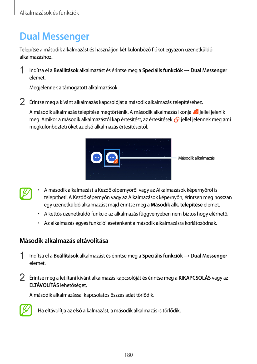 Samsung SM-N950FZKDXEH, SM-N950FZDATMH, SM-N950FZKATMH, SM-N950FZDDXEH manual Dual Messenger, Második alkalmazás eltávolítása 