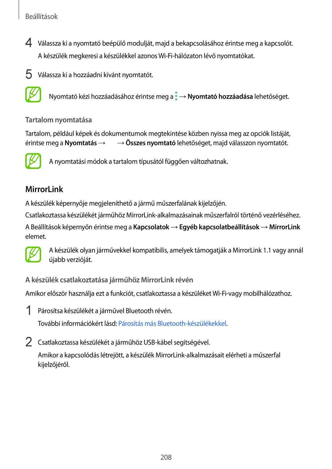 Samsung SM-N950FZKDXEH, SM-N950FZDATMH manual Tartalom nyomtatása, Készülék csatlakoztatása járműhöz MirrorLink révén 