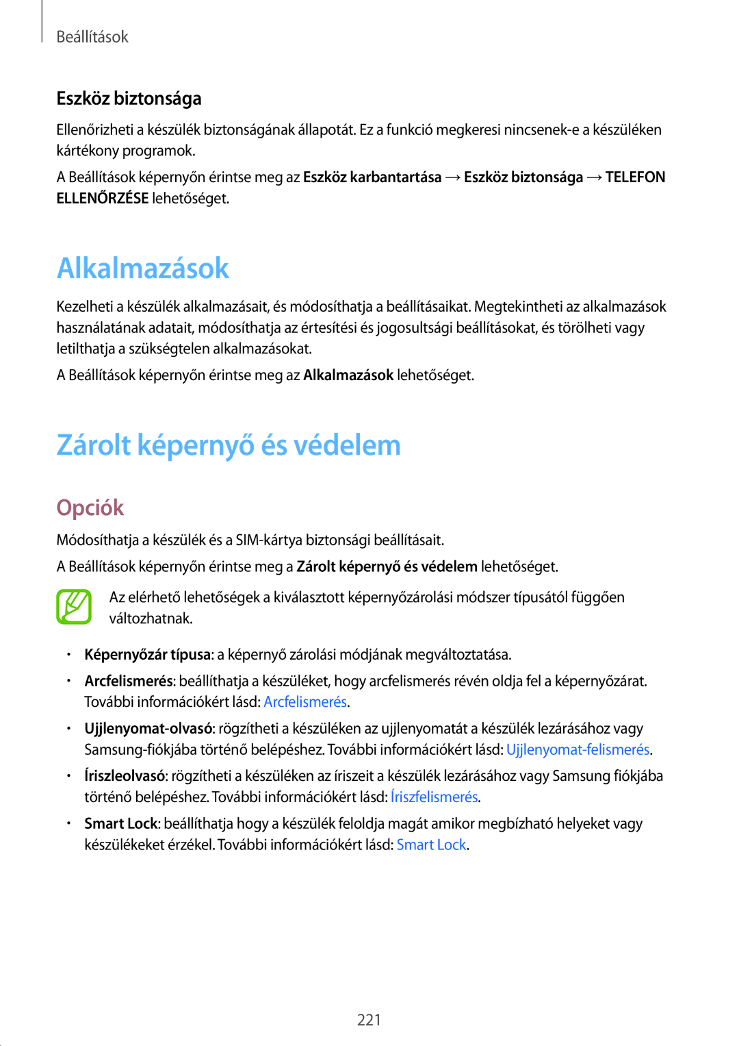 Samsung SM-N950FZDATMH, SM-N950FZKDXEH, SM-N950FZKATMH manual Alkalmazások, Zárolt képernyő és védelem, Eszköz biztonsága 