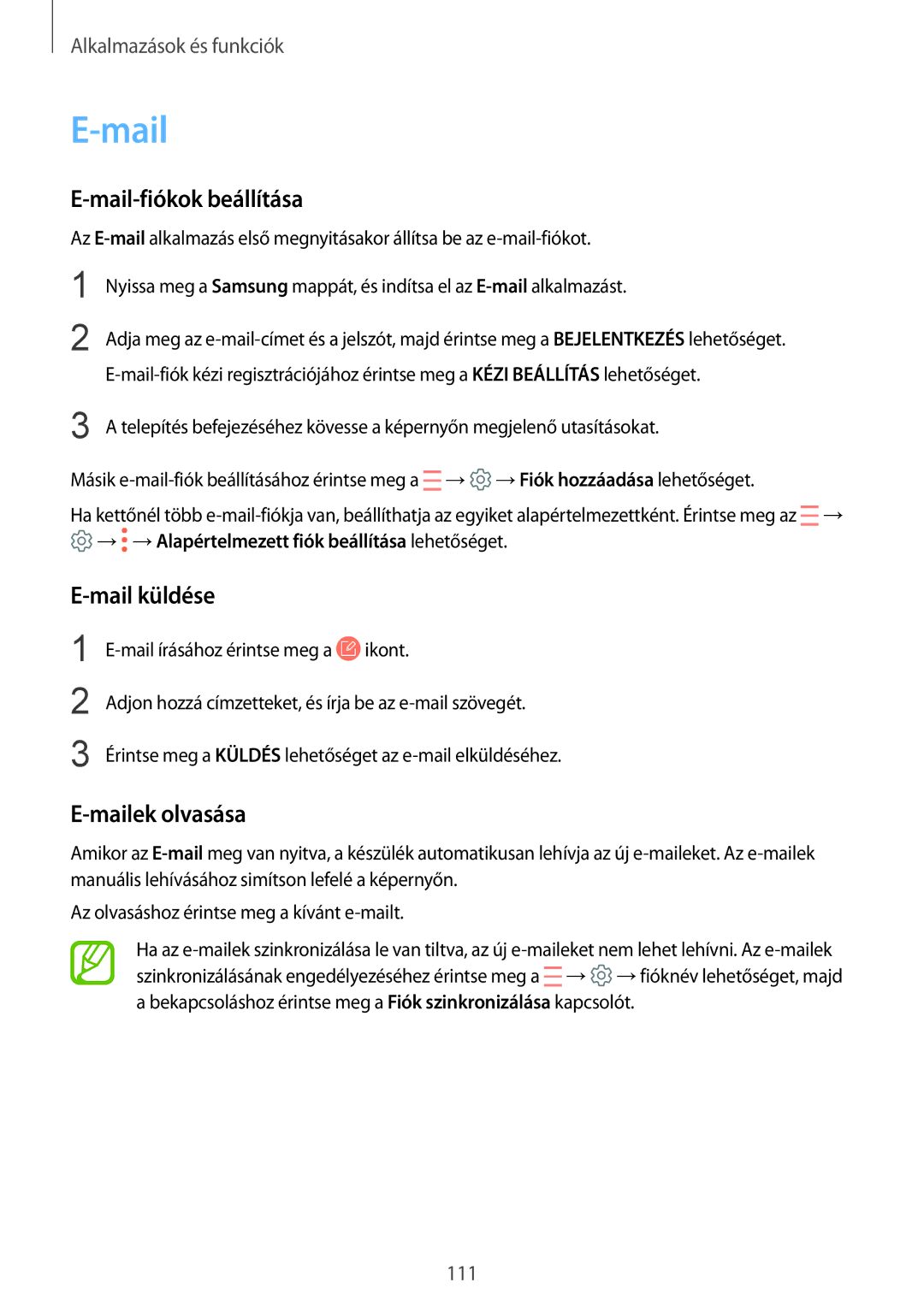 Samsung SM-N950FZDDXEH, SM-N950FZKDXEH, SM-N950FZDATMH manual Mail-fiókok beállítása, Mail küldése, Mailek olvasása 