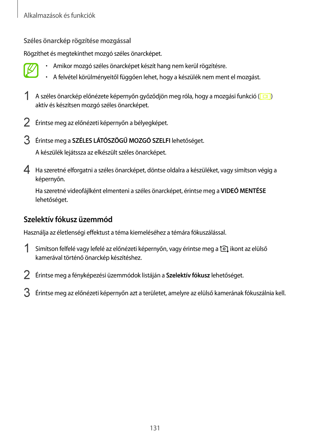 Samsung SM-N950FZDDXEH, SM-N950FZKDXEH, SM-N950FZDATMH manual Szelektív fókusz üzemmód, Széles önarckép rögzítése mozgással 