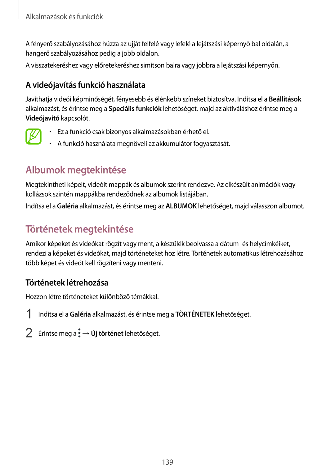 Samsung SM-N950FZDDXEH, SM-N950FZKDXEH manual Albumok megtekintése, Történetek megtekintése, Videójavítás funkció használata 