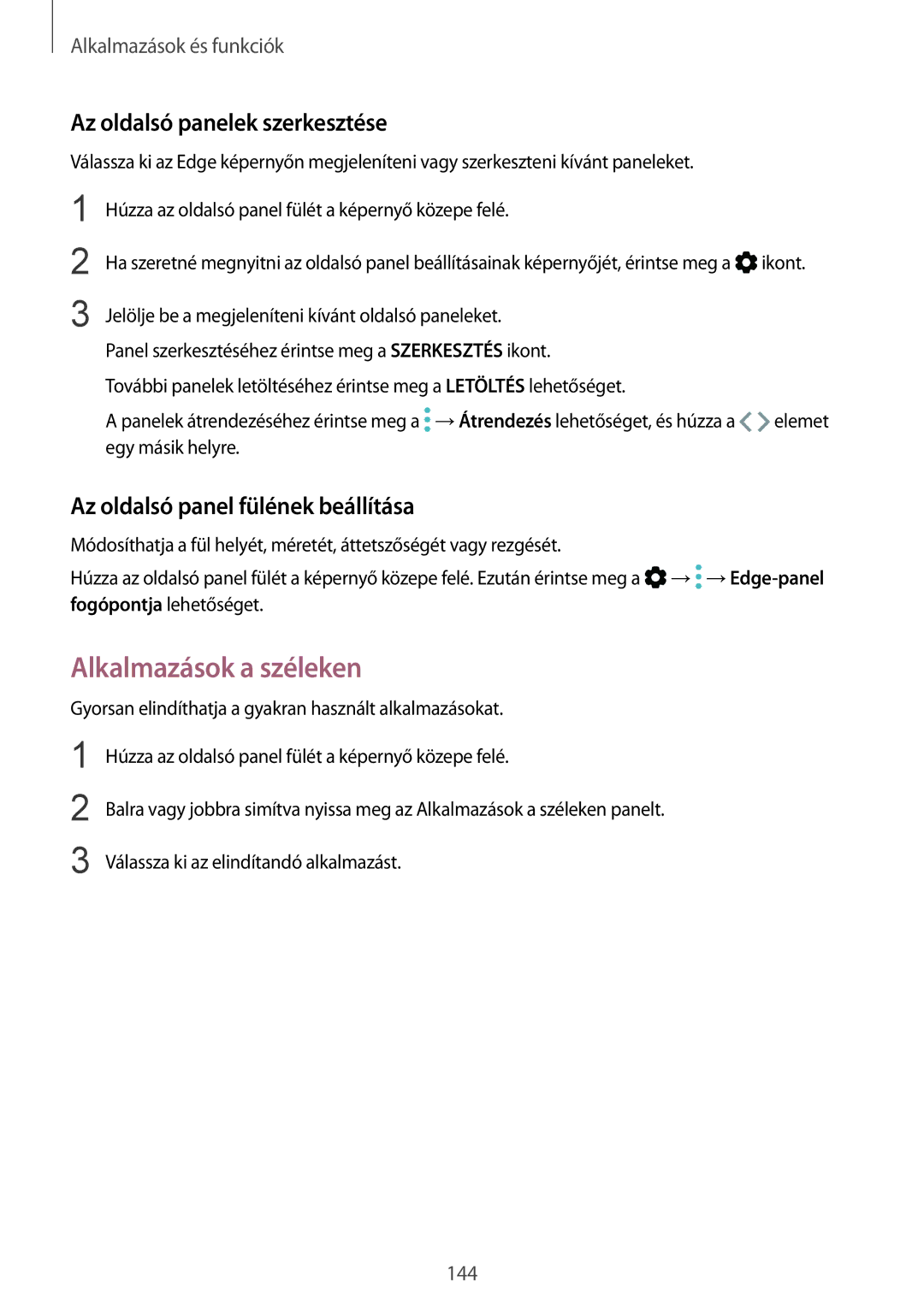 Samsung SM-N950FZKDXEH manual Alkalmazások a széleken, Az oldalsó panelek szerkesztése, Az oldalsó panel fülének beállítása 