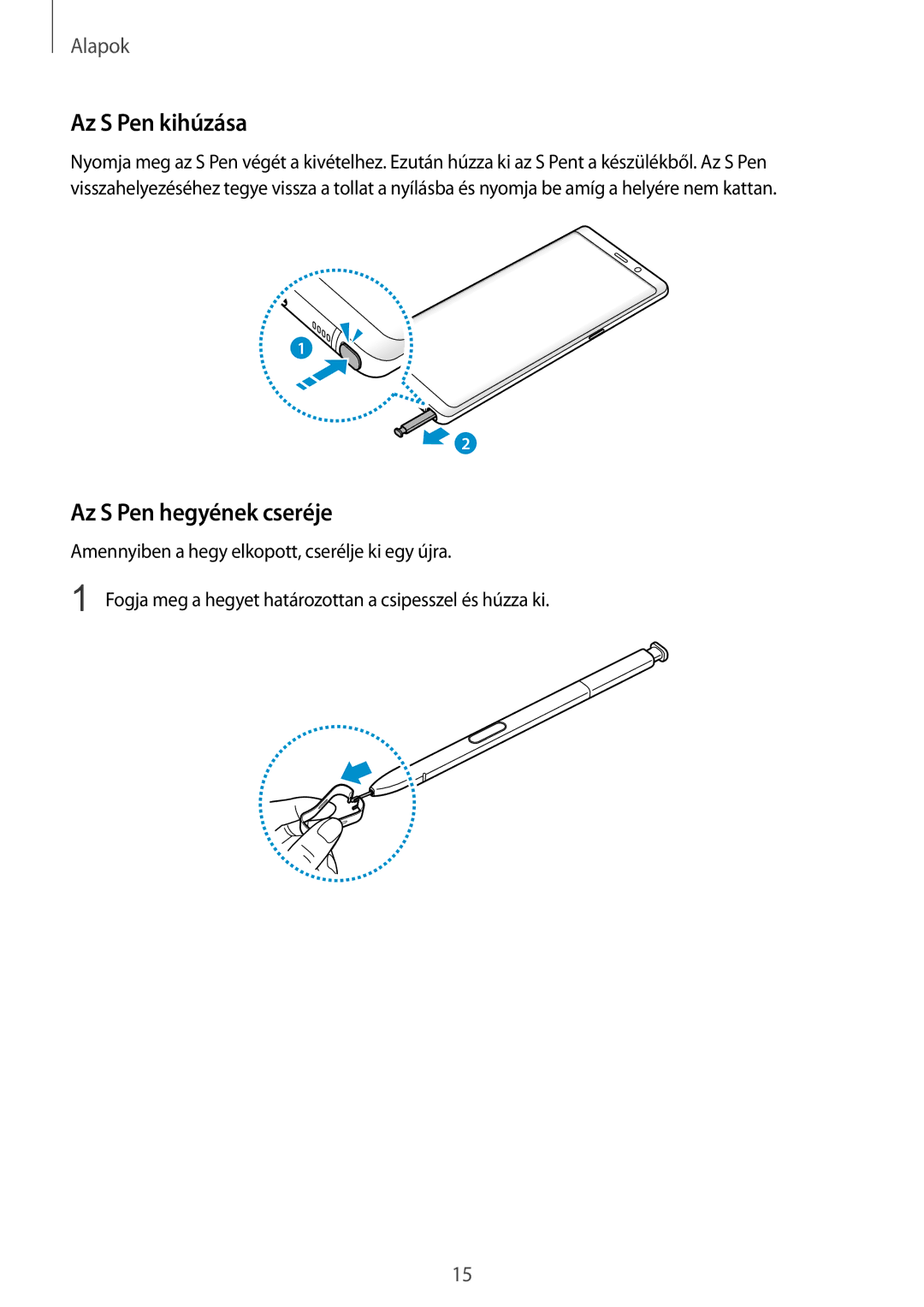 Samsung SM-N950FZDDXEH, SM-N950FZKDXEH, SM-N950FZDATMH, SM-N950FZKATMH manual Az S Pen kihúzása, Az S Pen hegyének cseréje 