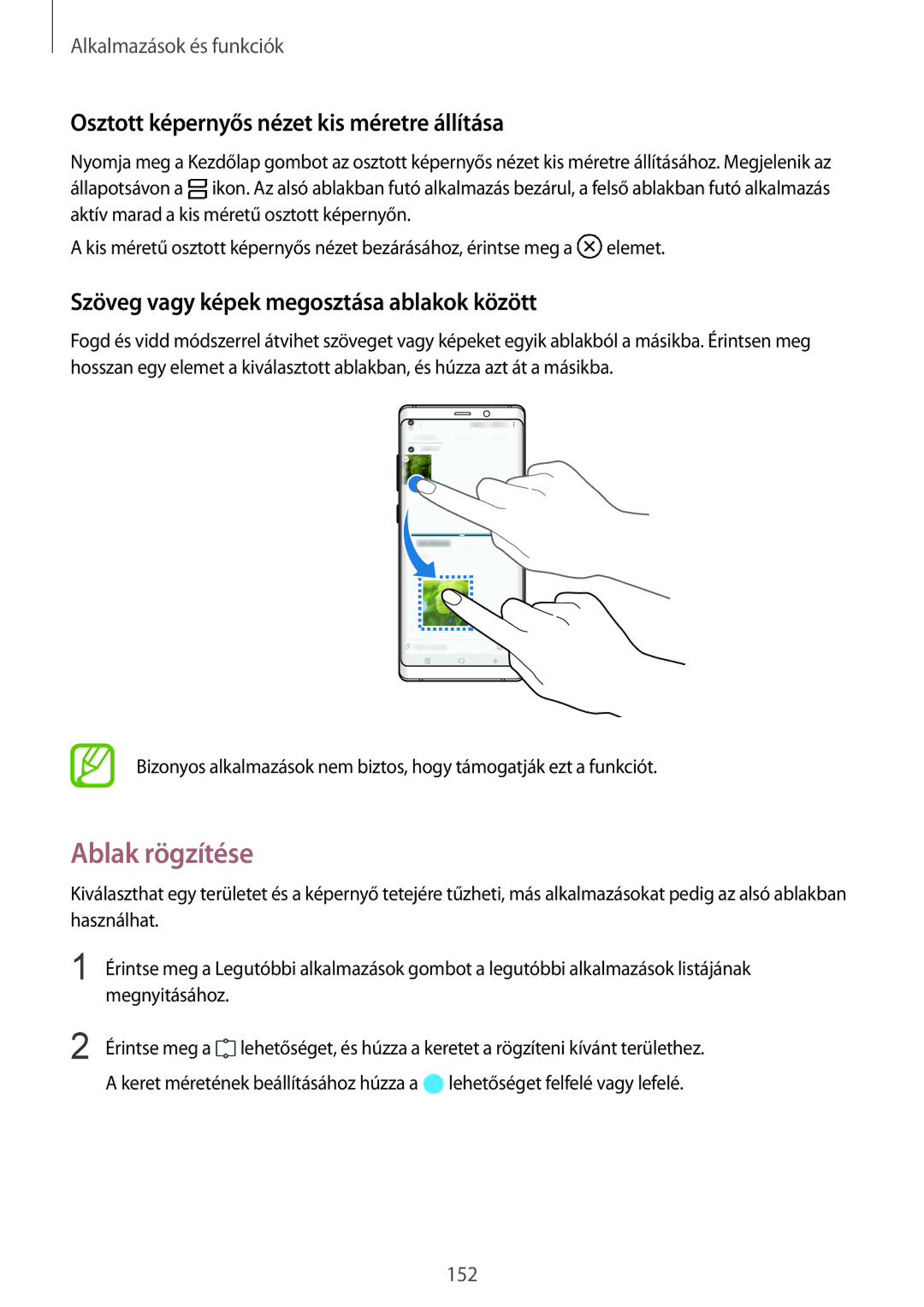 Samsung SM-N950FZKDXEH, SM-N950FZDATMH, SM-N950FZKATMH manual Ablak rögzítése, Osztott képernyős nézet kis méretre állítása 