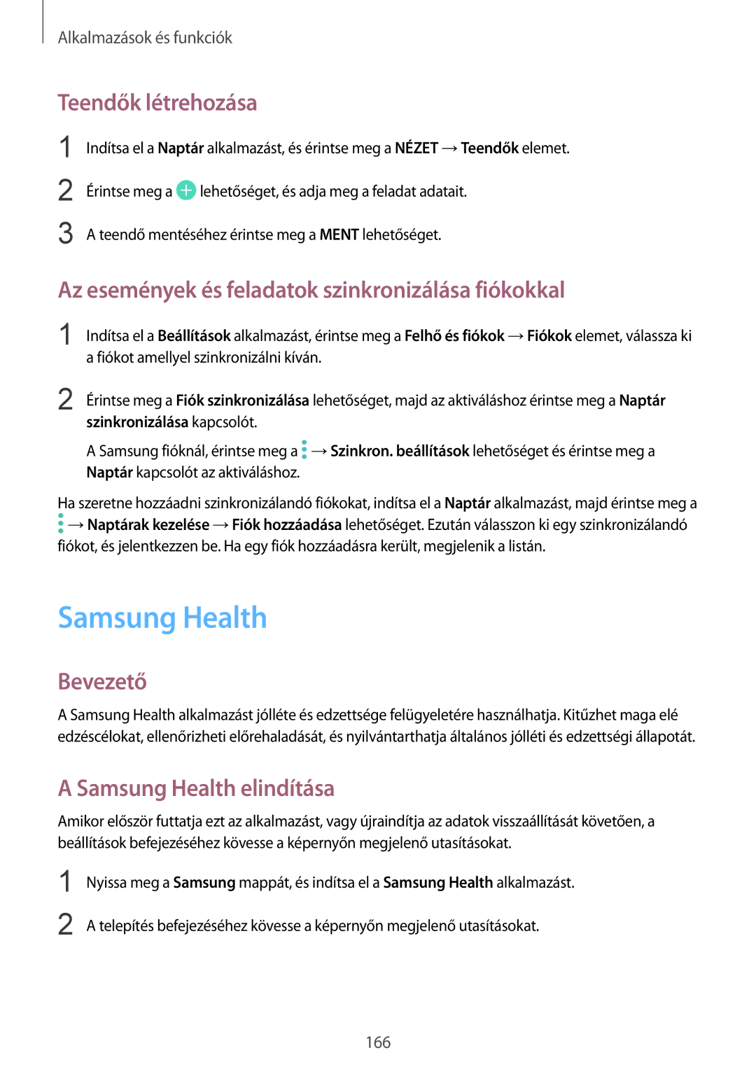 Samsung SM-N950FZKATMH manual Samsung Health, Teendők létrehozása, Az események és feladatok szinkronizálása fiókokkal 