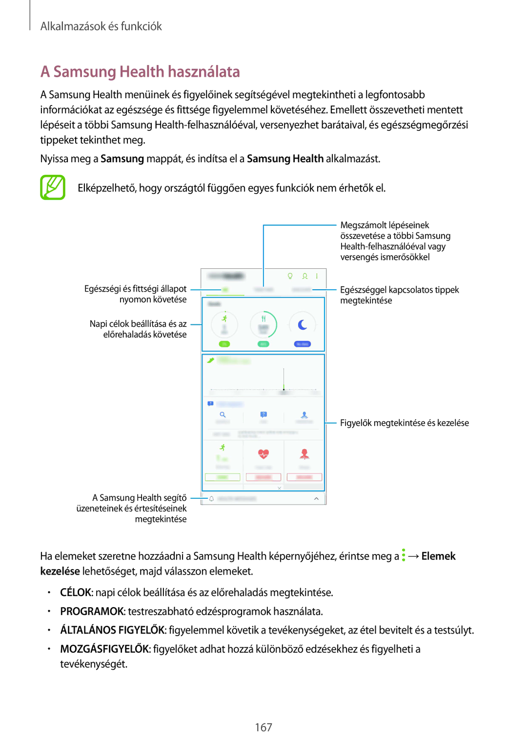 Samsung SM-N950FZDDXEH, SM-N950FZKDXEH manual Samsung Health használata, Egészségi és fittségi állapot Nyomon követése 