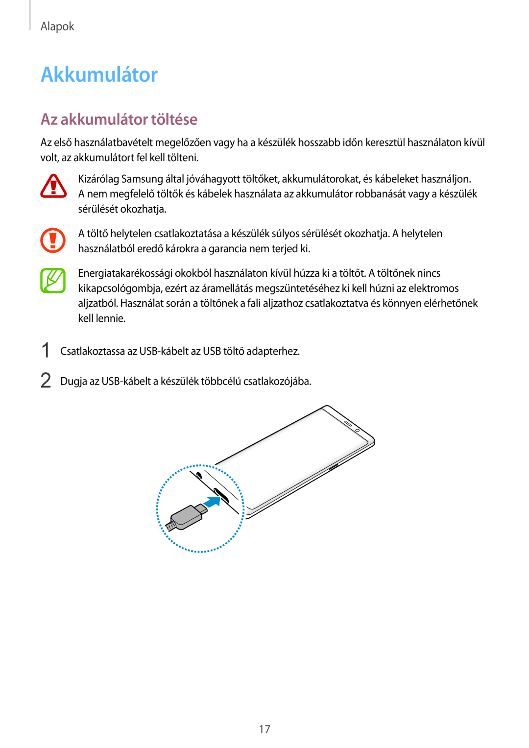 Samsung SM-N950FZDATMH, SM-N950FZKDXEH, SM-N950FZKATMH, SM-N950FZDDXEH manual Akkumulátor, Az akkumulátor töltése 