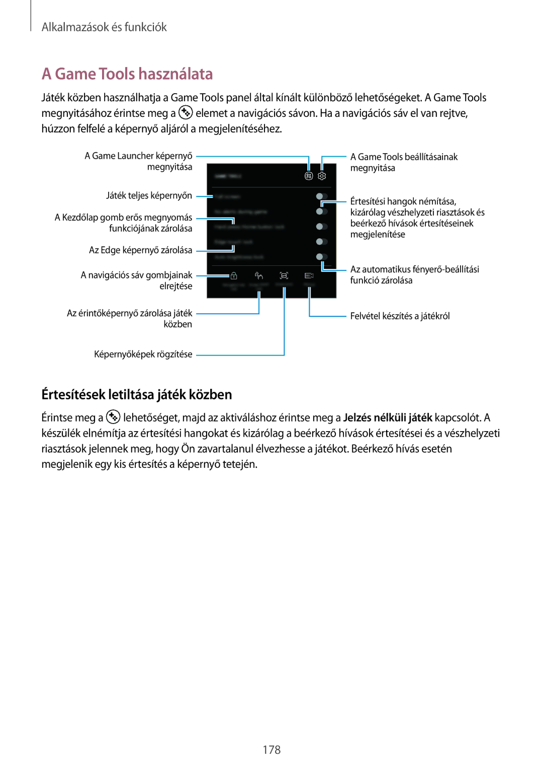 Samsung SM-N950FZKATMH, SM-N950FZKDXEH, SM-N950FZDATMH manual Game Tools használata, Értesítések letiltása játék közben 