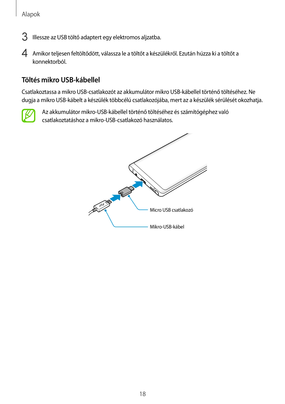 Samsung SM-N950FZKATMH, SM-N950FZKDXEH, SM-N950FZDATMH, SM-N950FZDDXEH manual Töltés mikro USB-kábellel 