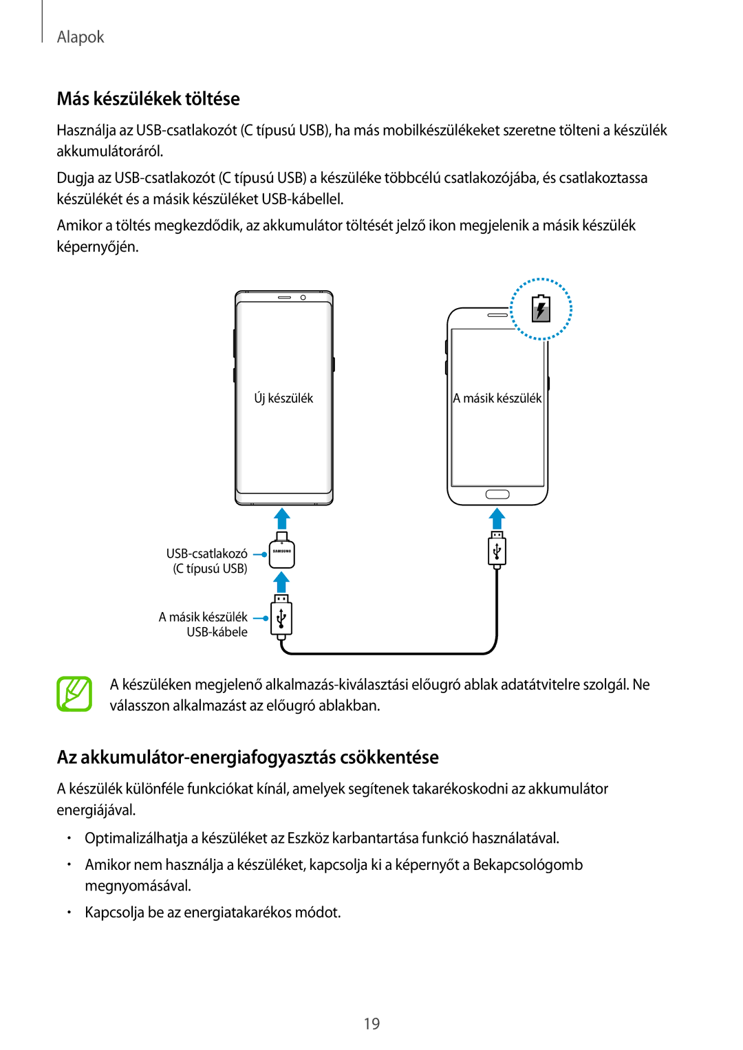 Samsung SM-N950FZDDXEH, SM-N950FZKDXEH, SM-N950FZDATMH Más készülékek töltése, Az akkumulátor-energiafogyasztás csökkentése 