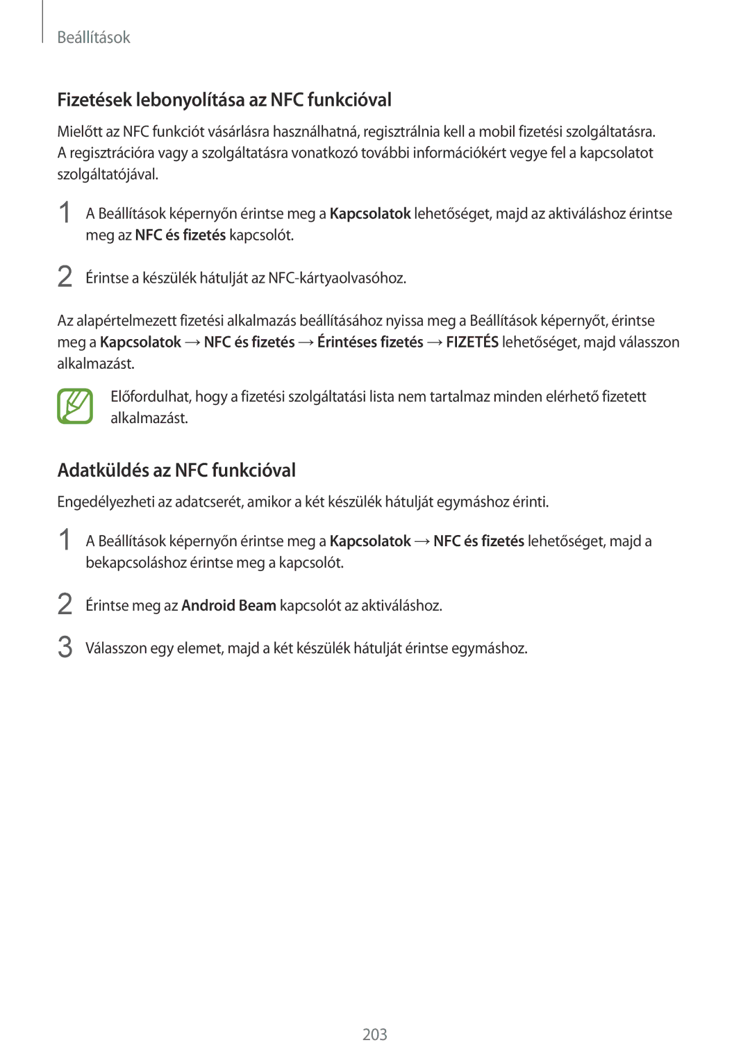 Samsung SM-N950FZDDXEH, SM-N950FZKDXEH manual Fizetések lebonyolítása az NFC funkcióval, Adatküldés az NFC funkcióval 