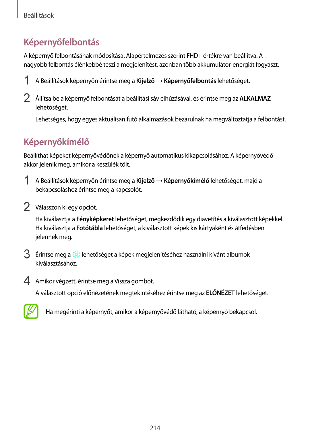 Samsung SM-N950FZKATMH, SM-N950FZKDXEH, SM-N950FZDATMH, SM-N950FZDDXEH manual Képernyőfelbontás, Képernyőkímélő 