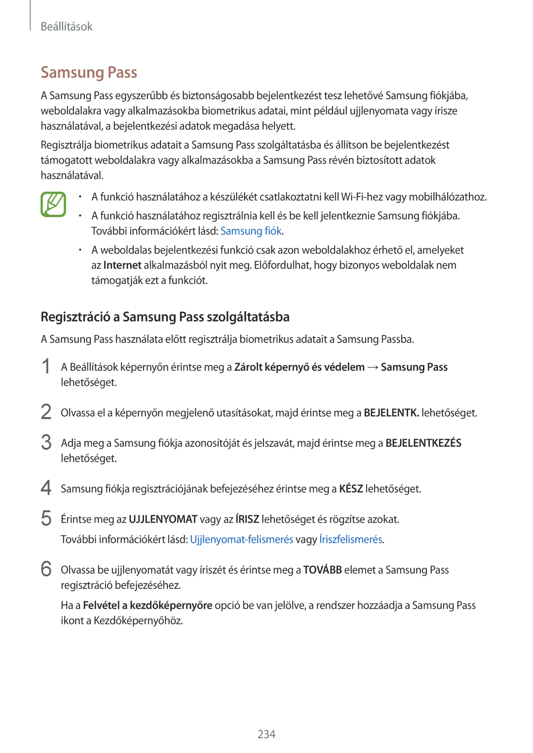 Samsung SM-N950FZKATMH, SM-N950FZKDXEH, SM-N950FZDATMH, SM-N950FZDDXEH manual Regisztráció a Samsung Pass szolgáltatásba 