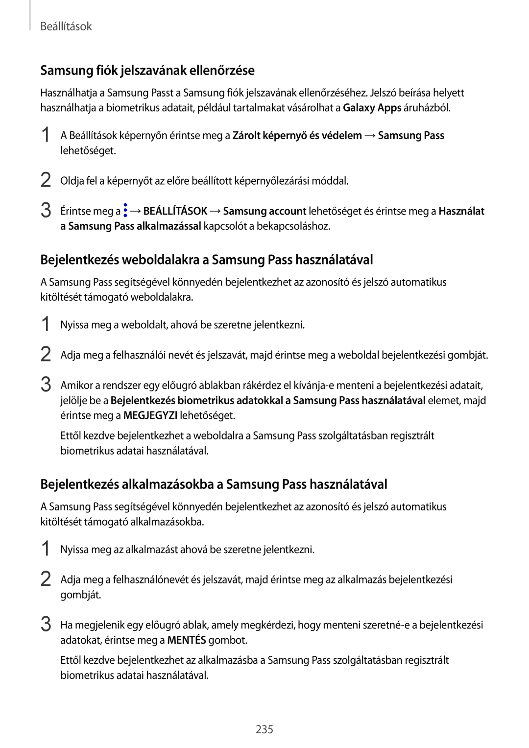 Samsung SM-N950FZDDXEH manual Samsung fiók jelszavának ellenőrzése, Bejelentkezés weboldalakra a Samsung Pass használatával 