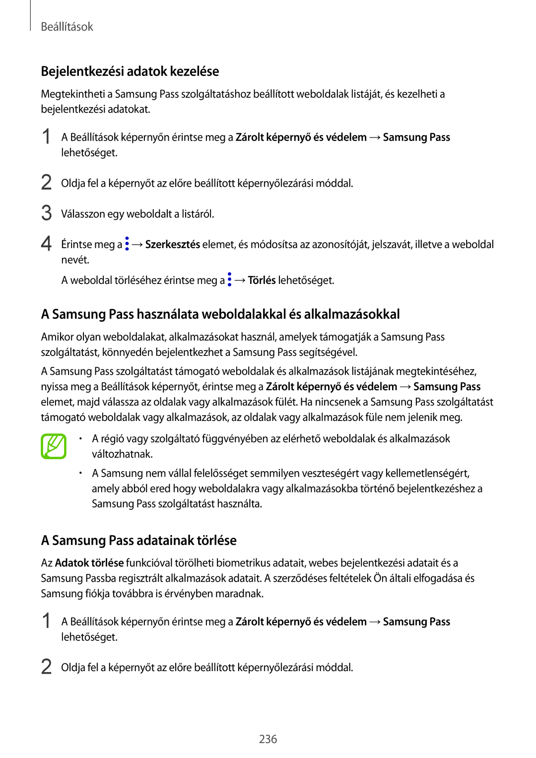 Samsung SM-N950FZKDXEH manual Bejelentkezési adatok kezelése, Samsung Pass használata weboldalakkal és alkalmazásokkal 