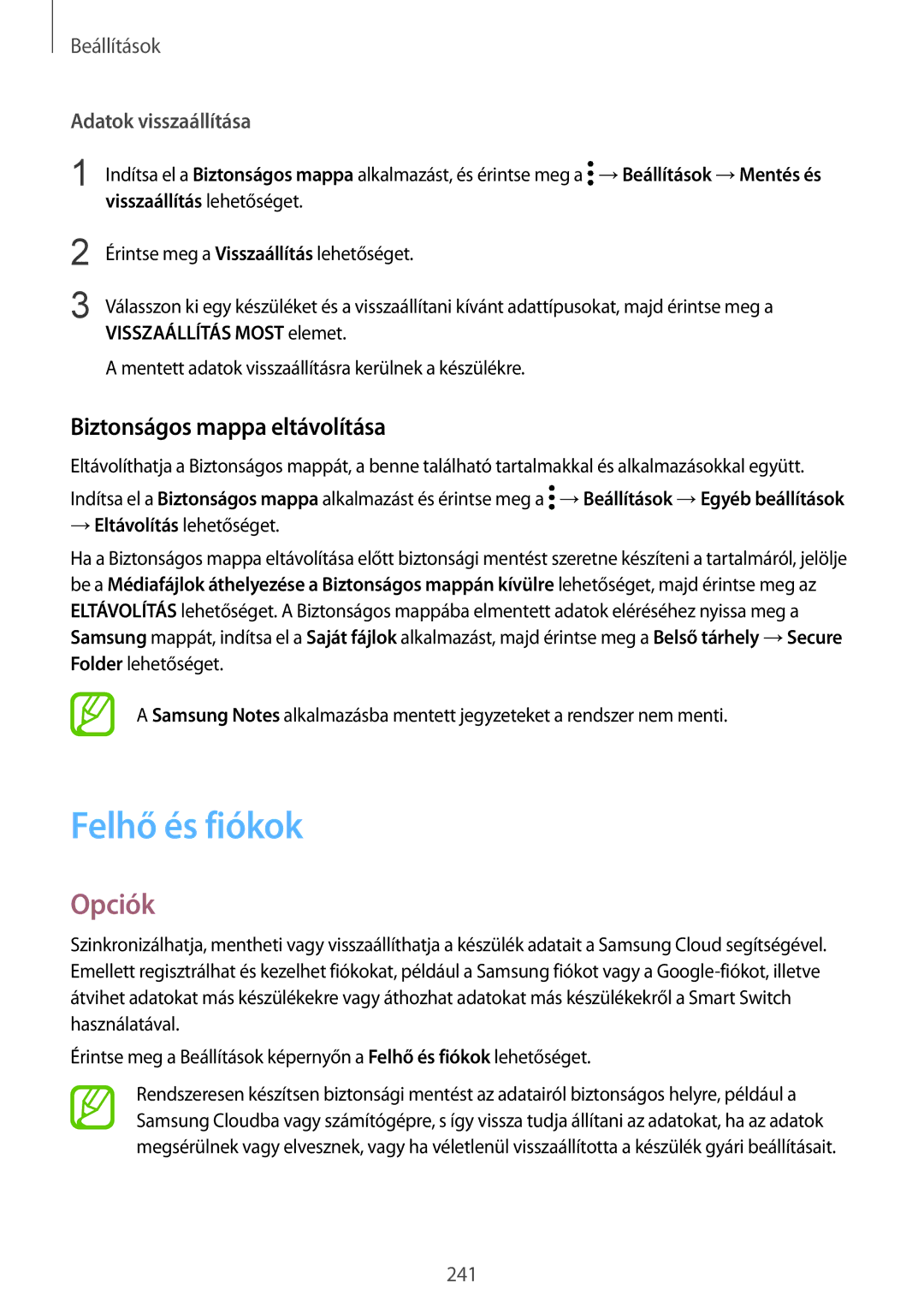 Samsung SM-N950FZDATMH, SM-N950FZKDXEH manual Felhő és fiókok, Biztonságos mappa eltávolítása, Adatok visszaállítása 