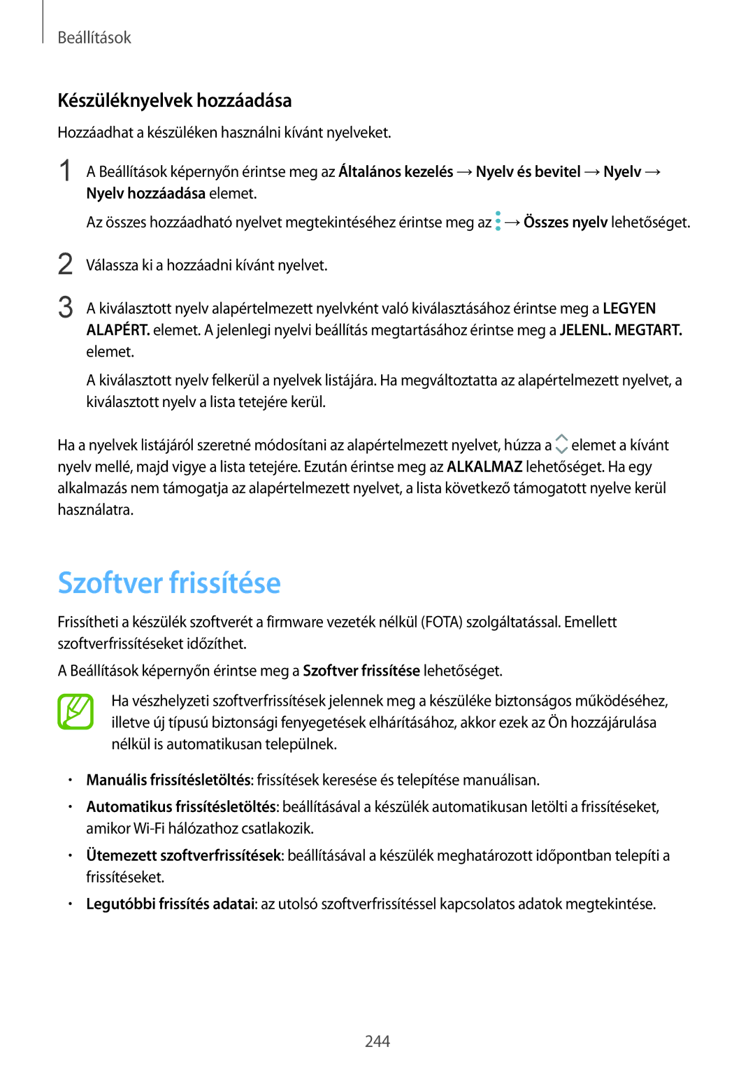 Samsung SM-N950FZKDXEH, SM-N950FZDATMH, SM-N950FZKATMH, SM-N950FZDDXEH manual Szoftver frissítése, Készüléknyelvek hozzáadása 