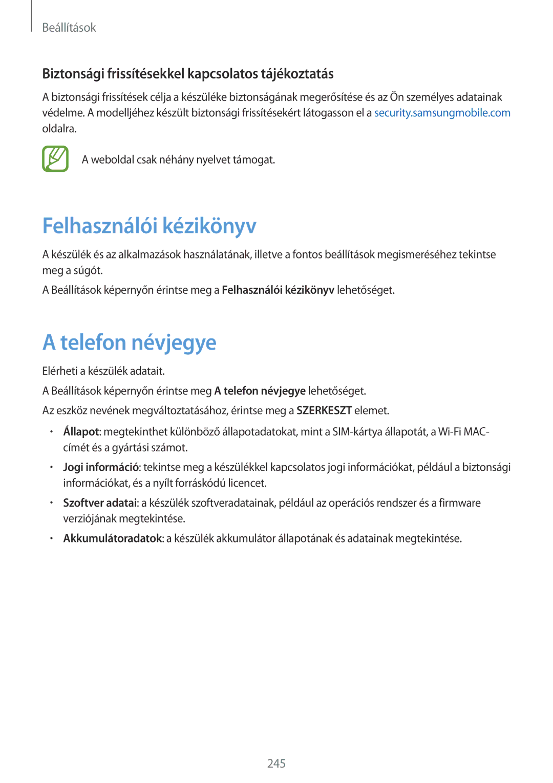 Samsung SM-N950FZDATMH manual Felhasználói kézikönyv, Telefon névjegye, Biztonsági frissítésekkel kapcsolatos tájékoztatás 