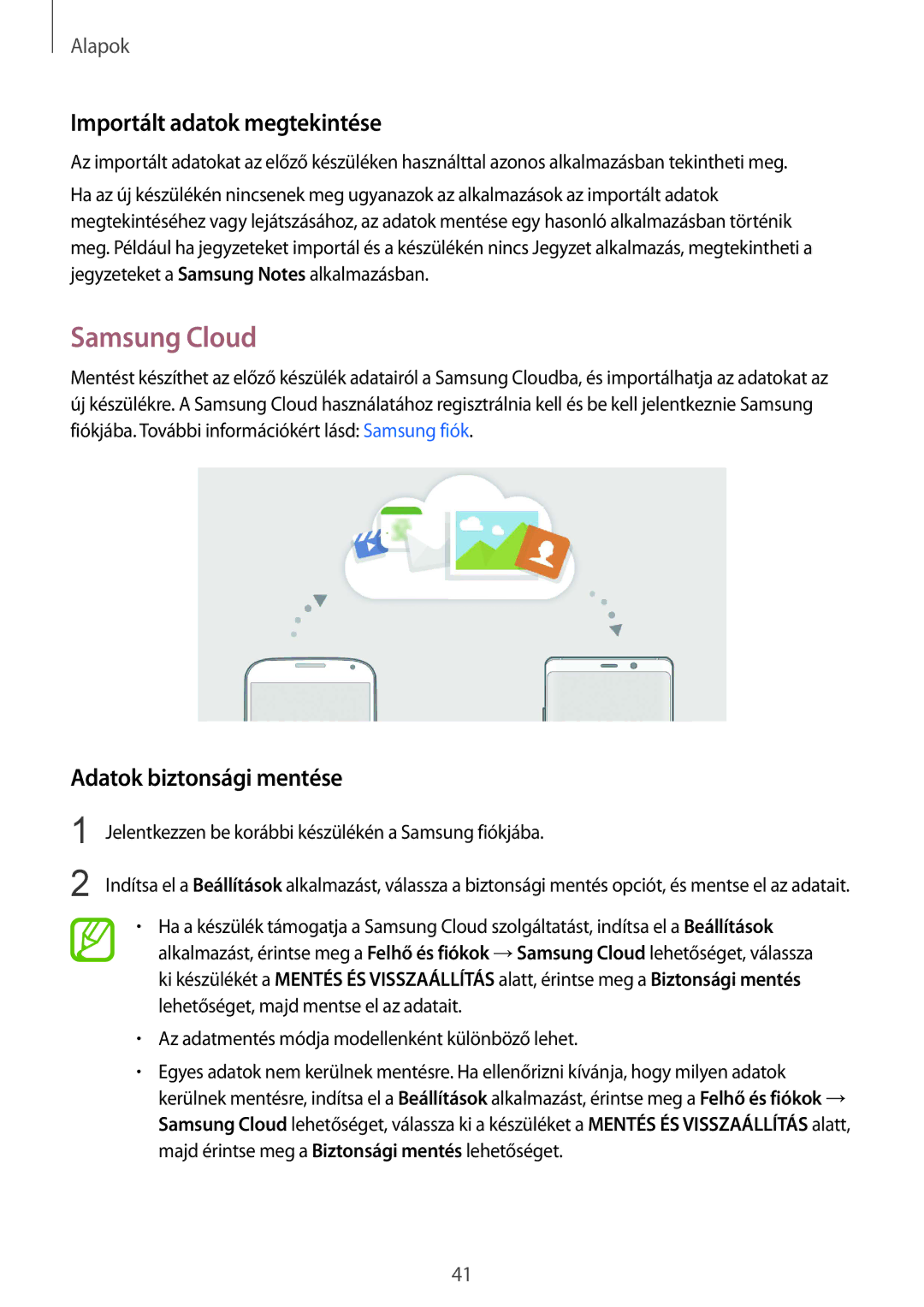 Samsung SM-N950FZDATMH, SM-N950FZKDXEH manual Samsung Cloud, Importált adatok megtekintése, Adatok biztonsági mentése 