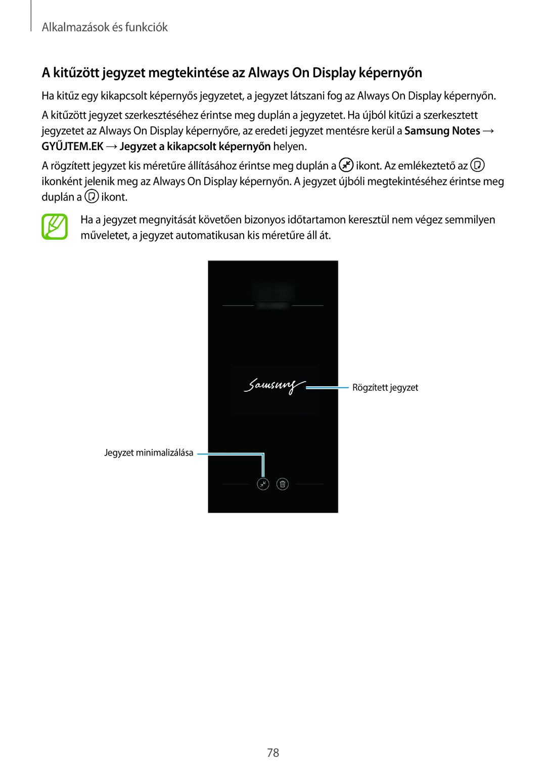 Samsung SM-N950FZKATMH, SM-N950FZKDXEH, SM-N950FZDATMH manual Kitűzött jegyzet megtekintése az Always On Display képernyőn 