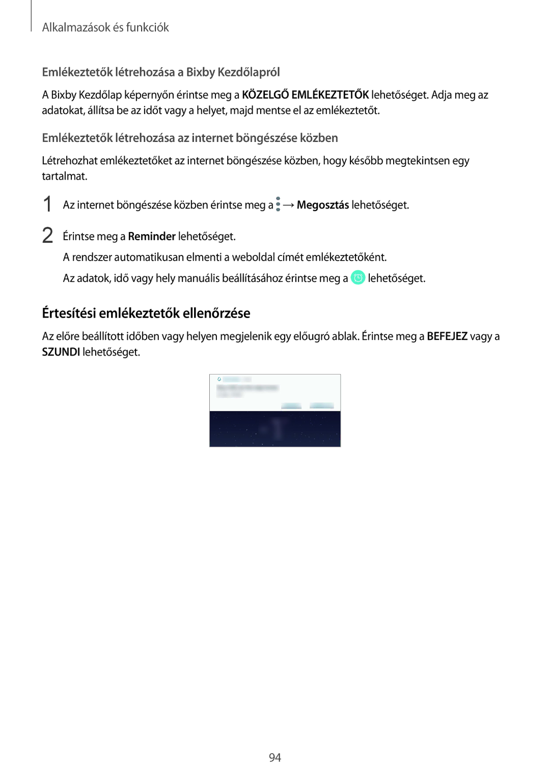 Samsung SM-N950FZKATMH, SM-N950FZKDXEH Értesítési emlékeztetők ellenőrzése, Emlékeztetők létrehozása a Bixby Kezdőlapról 