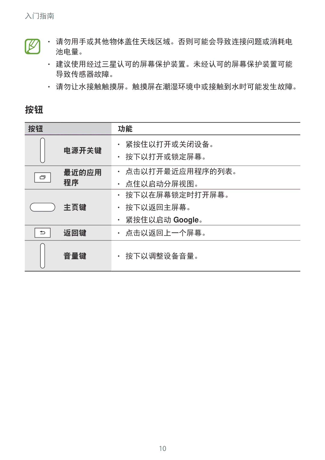 Samsung SM-P355NZAAXXV, SM-P355NZWAXXV manual 返回键 点击以返回上一个屏幕。 音量键 按下以调整设备音量。 