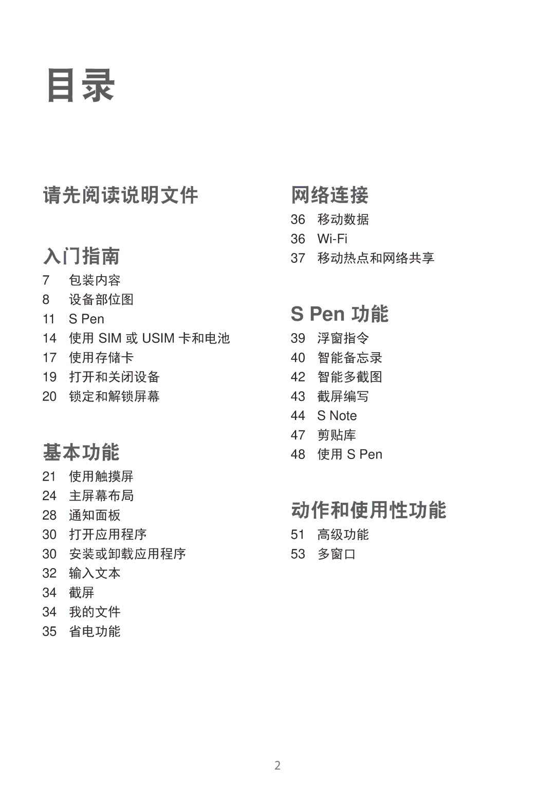 Samsung SM-P355NZAAXXV manual 包装内容 设备部位图, 14 使用 SIM 或 Usim 卡和电池 17 使用存储卡 19 打开和关闭设备 20 锁定和解锁屏幕, 36 移动数据, 37 移动热点和网络共享 