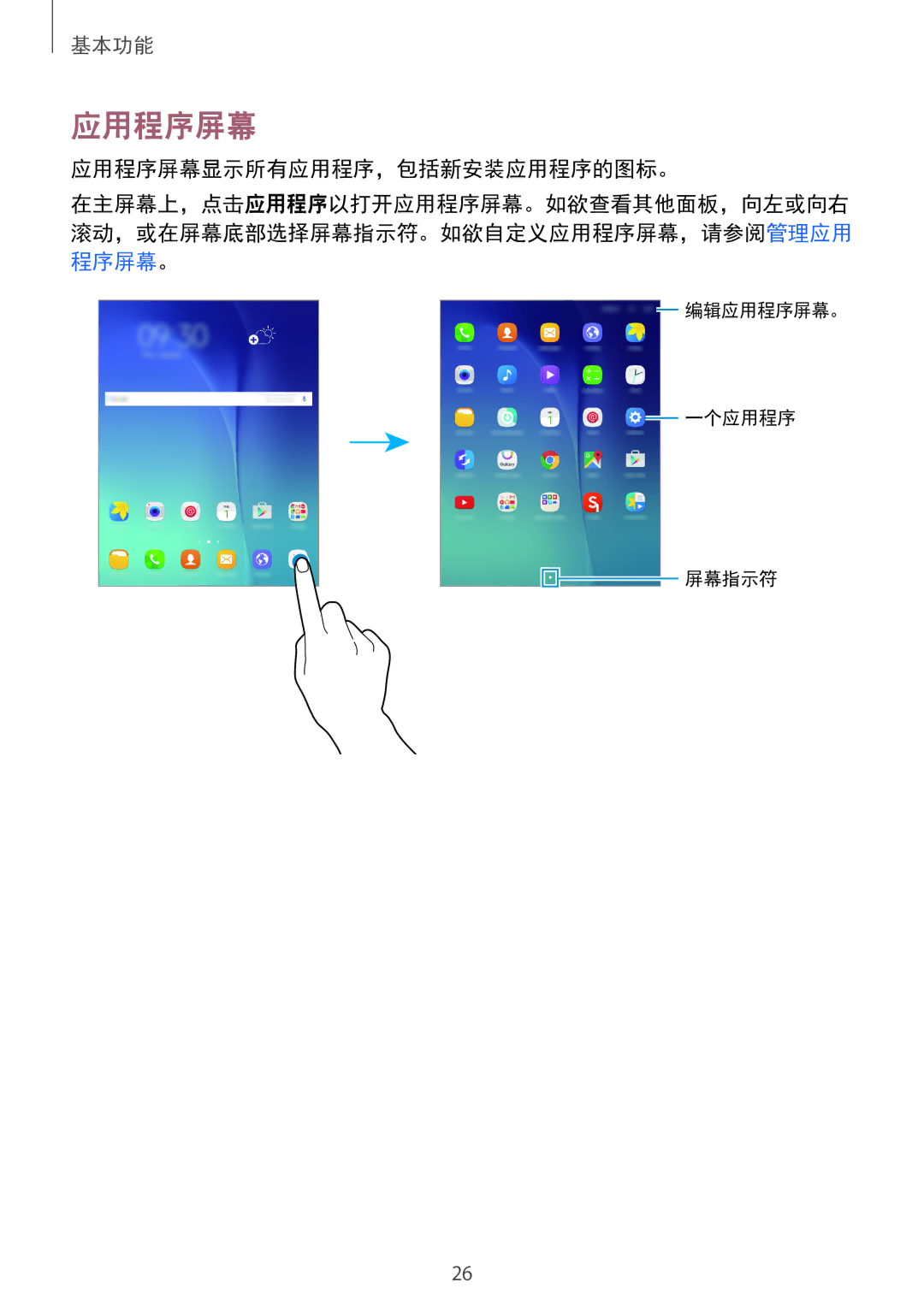 Samsung SM-P355NZAAXXV, SM-P355NZWAXXV manual 应用程序屏幕显示所有应用程序，包括新安装应用程序的图标。 