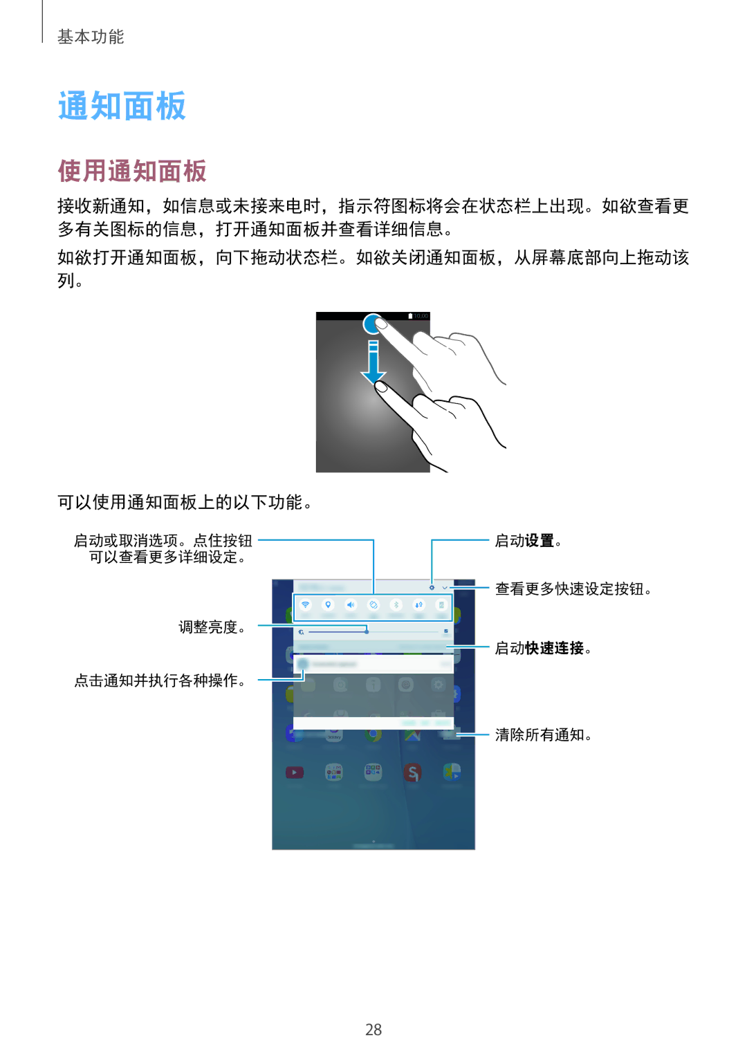 Samsung SM-P355NZAAXXV, SM-P355NZWAXXV manual 可以使用通知面板上的以下功能。 