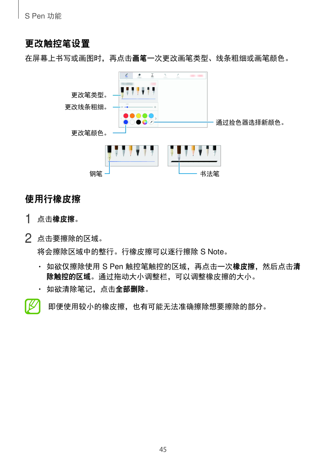 Samsung SM-P355NZWAXXV 更改触控笔设置, 使用行橡皮擦, 在屏幕上书写或画图时，再点击画笔一次更改画笔类型、线条粗细或画笔颜色。, 如欲清除笔记，点击全部删除。 即便使用较小的橡皮擦，也有可能无法准确擦除想要擦除的部分。 