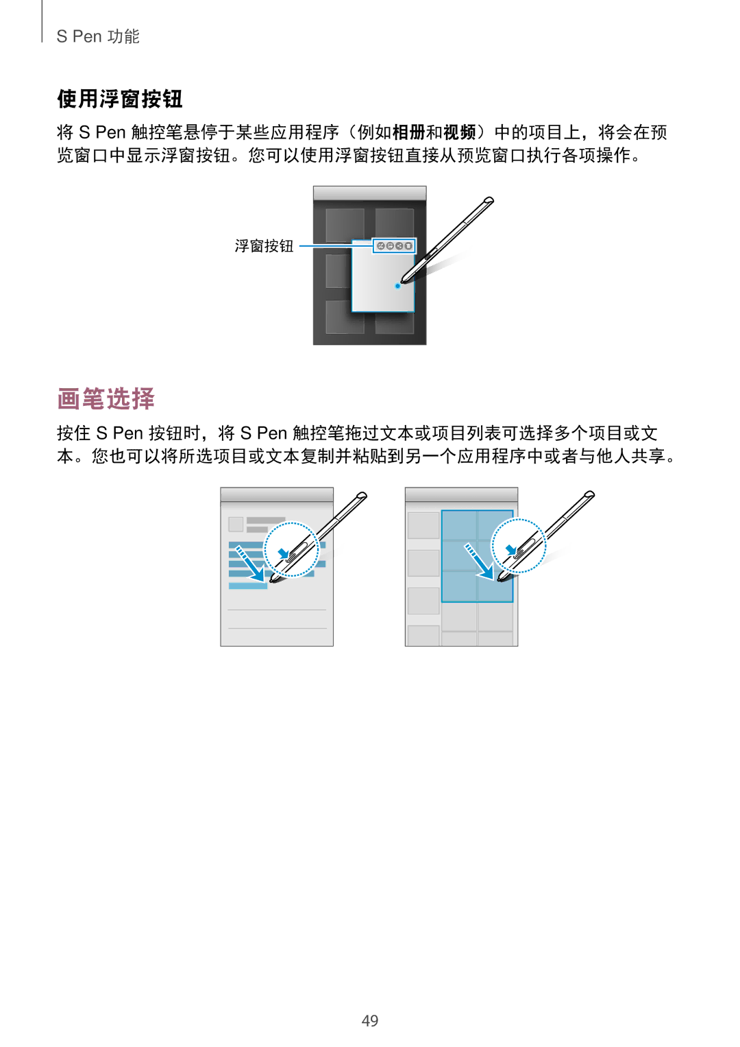 Samsung SM-P355NZWAXXV, SM-P355NZAAXXV manual 画笔选择, 使用浮窗按钮 