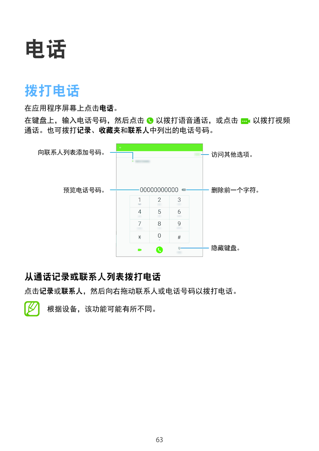 Samsung SM-P355NZWAXXV, SM-P355NZAAXXV manual 从通话记录或联系人列表拨打电话, 点击记录或联系人，然后向右拖动联系人或电话号码以拨打电话。 根据设备，该功能可能有所不同。 