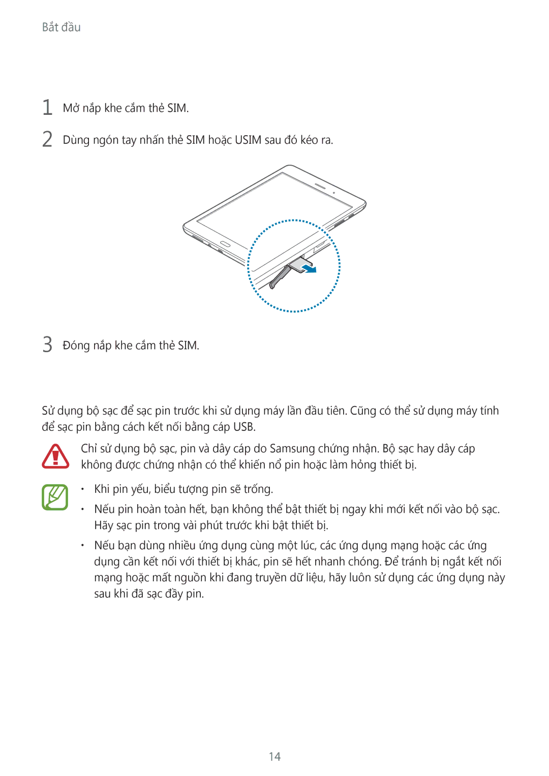 Samsung SM-P355NZAAXXV, SM-P355NZWAXXV manual Gỡ thẻ SIM hoặc Usim, Sạc pin 