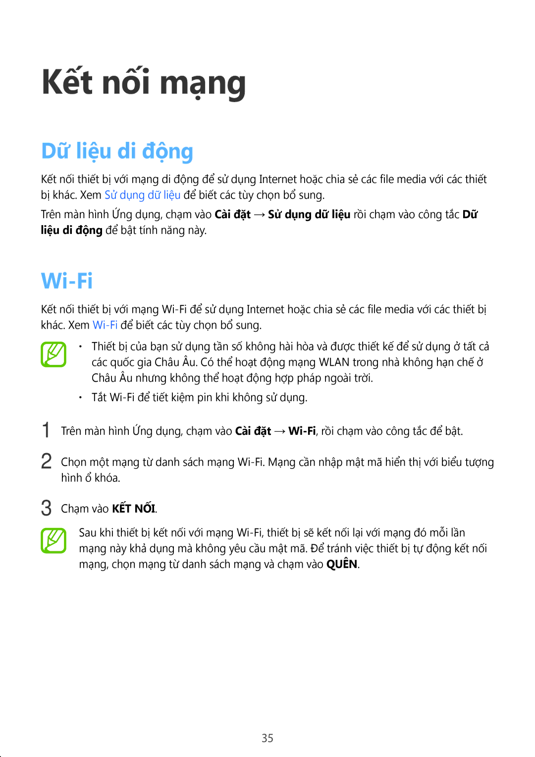 Samsung SM-P355NZWAXXV, SM-P355NZAAXXV manual Kết nối mạng, Dữ liệu di động, Wi-Fi 