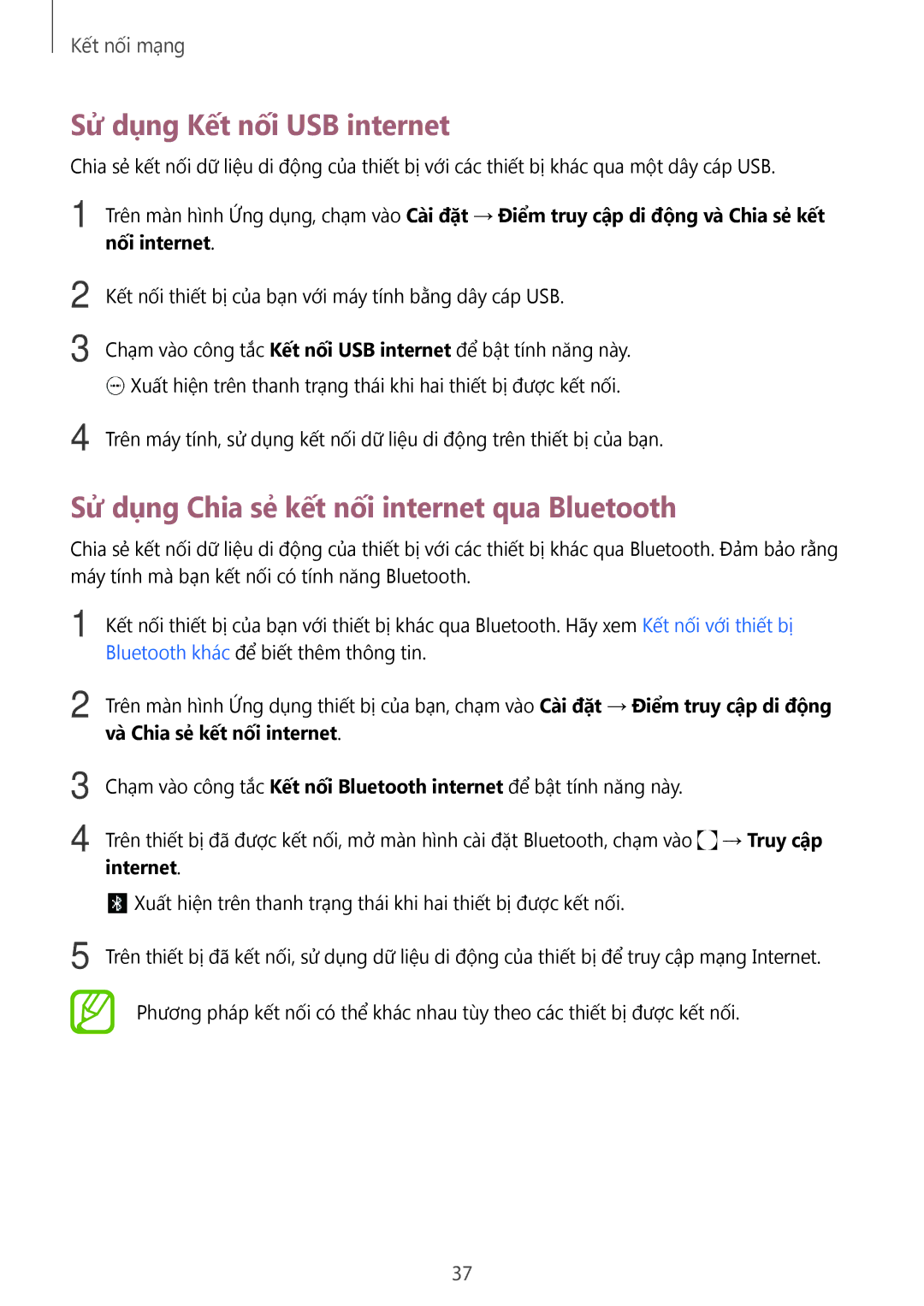 Samsung SM-P355NZWAXXV, SM-P355NZAAXXV manual Sử dụng Kết nối USB internet, Sử dụng Chia sẻ kết nối internet qua Bluetooth 