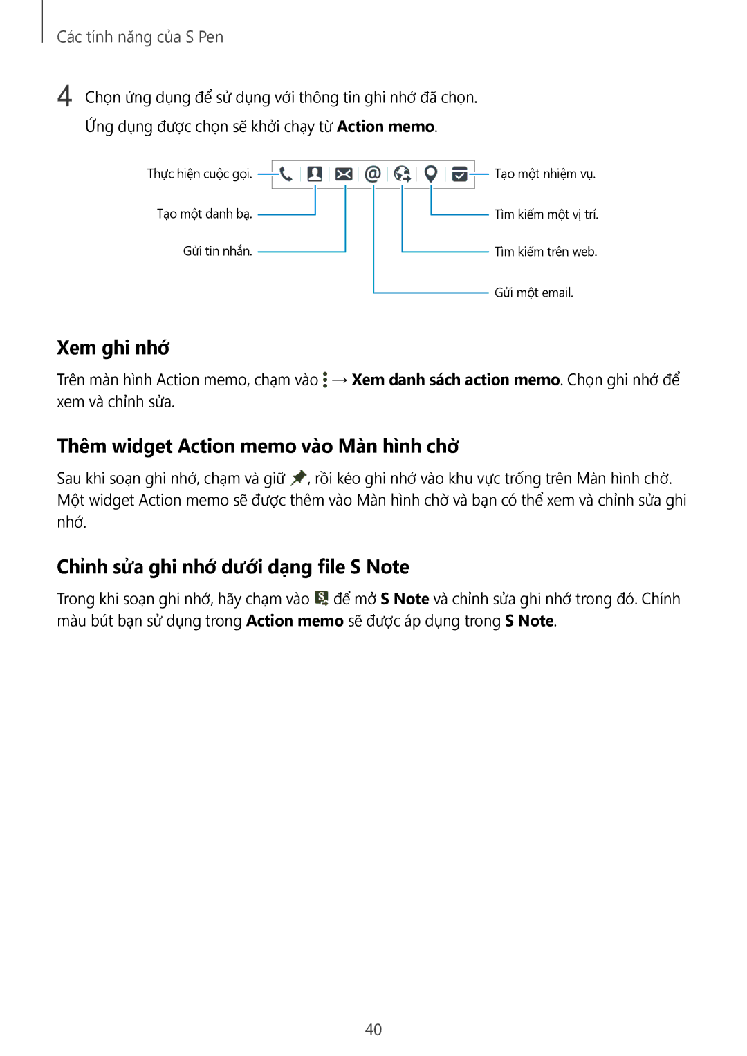 Samsung SM-P355NZAAXXV Xem ghi nhớ, Thêm widget Action memo vào Màn hình chờ̀, Chỉnh sửa ghi nhớ dưới dạng file S Note 