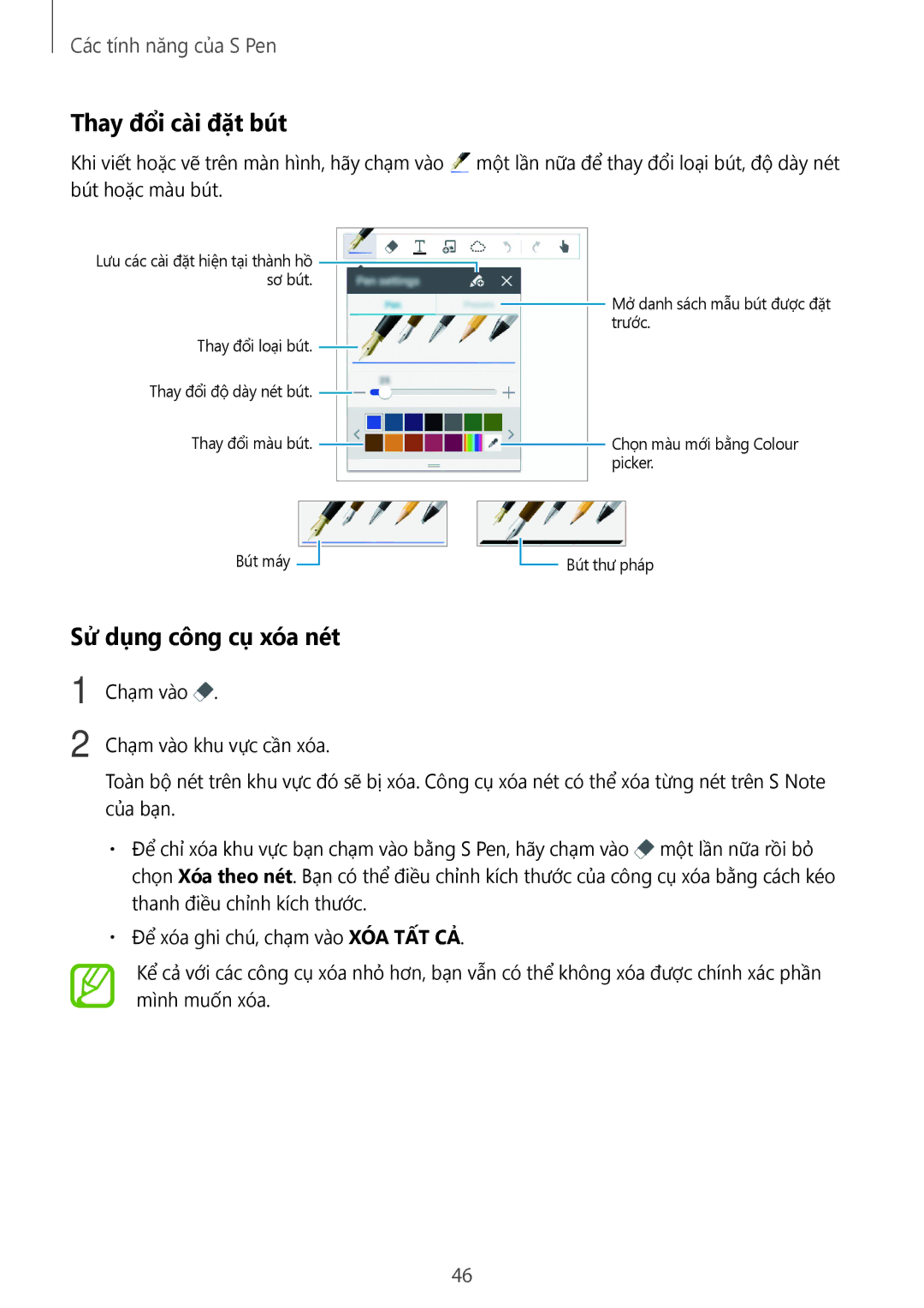 Samsung SM-P355NZAAXXV, SM-P355NZWAXXV manual Thay đổi cài đặt bút, Sử dụng công cụ xóa nét 