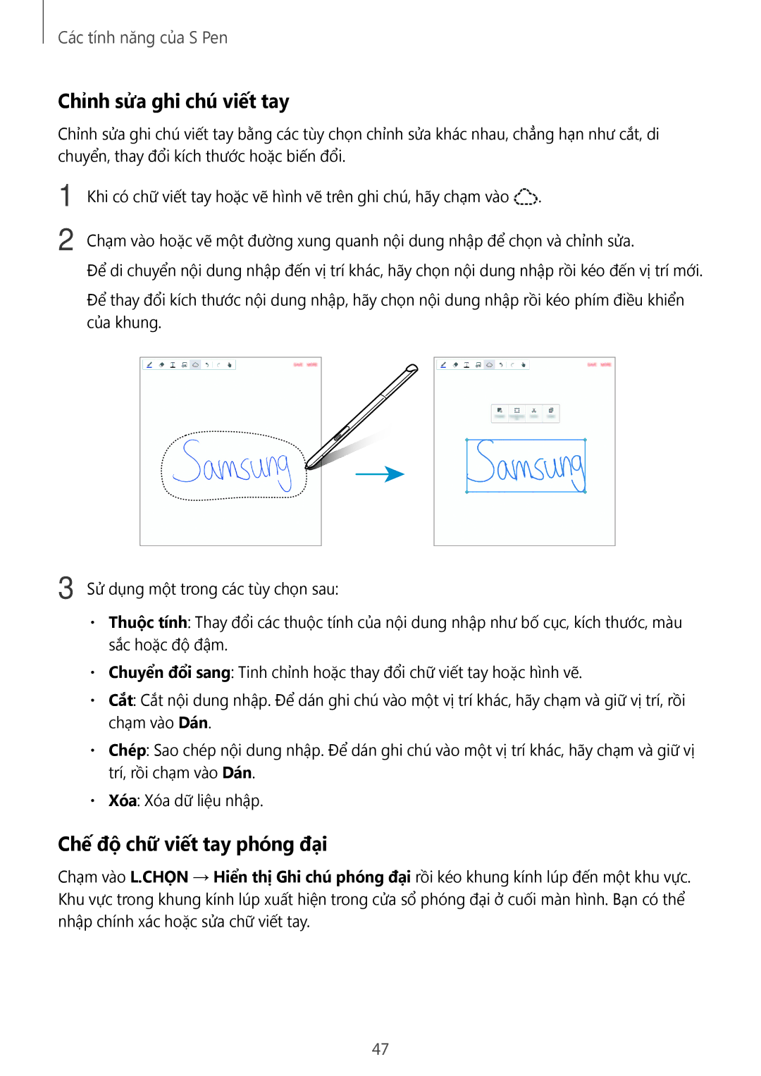 Samsung SM-P355NZWAXXV, SM-P355NZAAXXV manual Chỉnh sửa ghi chú viết tay, Chế độ chữ viết tay phóng đại 