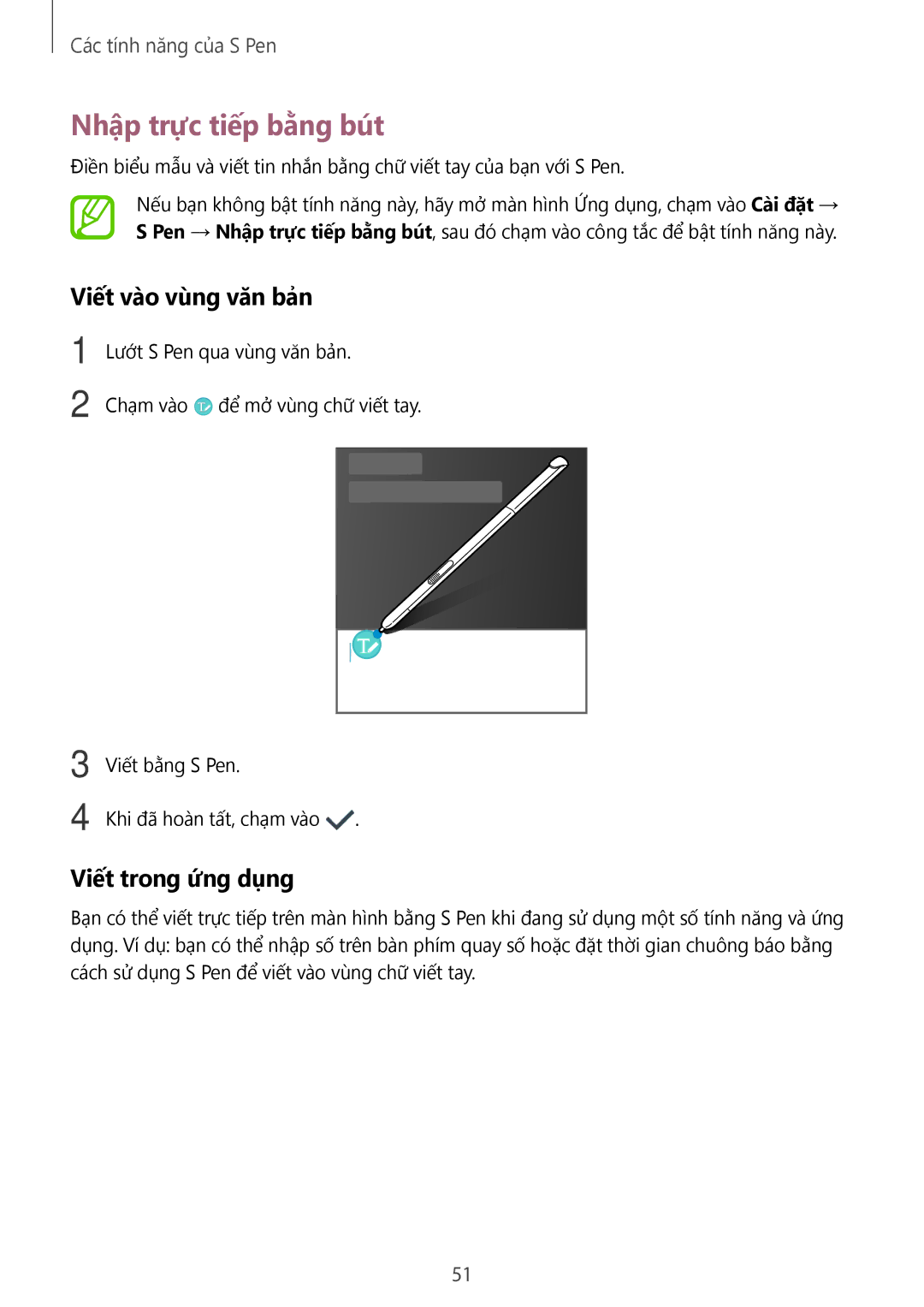 Samsung SM-P355NZWAXXV, SM-P355NZAAXXV manual Nhập trực tiếp bằng bút, Viết vào vùng văn bản, Viết trong ứng dụng 