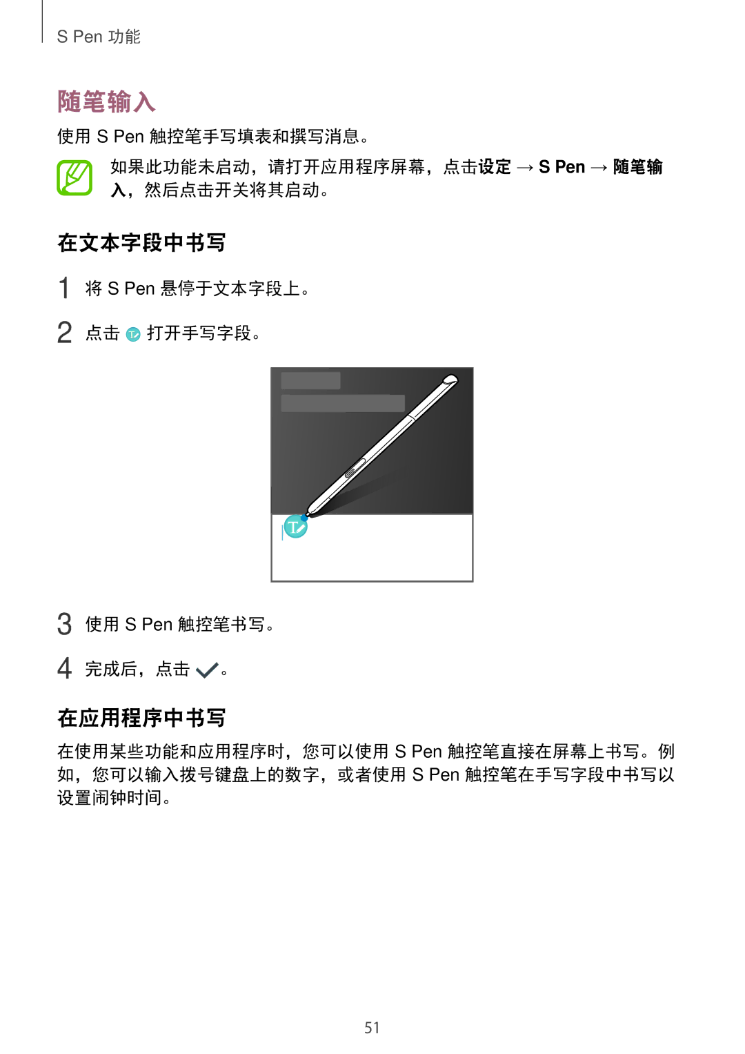 Samsung SM-P355NZWAXXV, SM-P355NZAAXXV manual 随笔输入, 在文本字段中书写, 在应用程序中书写, S Pen 悬停于文本字段上。 点击 打开手写字段。 使用 S Pen 触控笔书写。 完成后，点击 。 