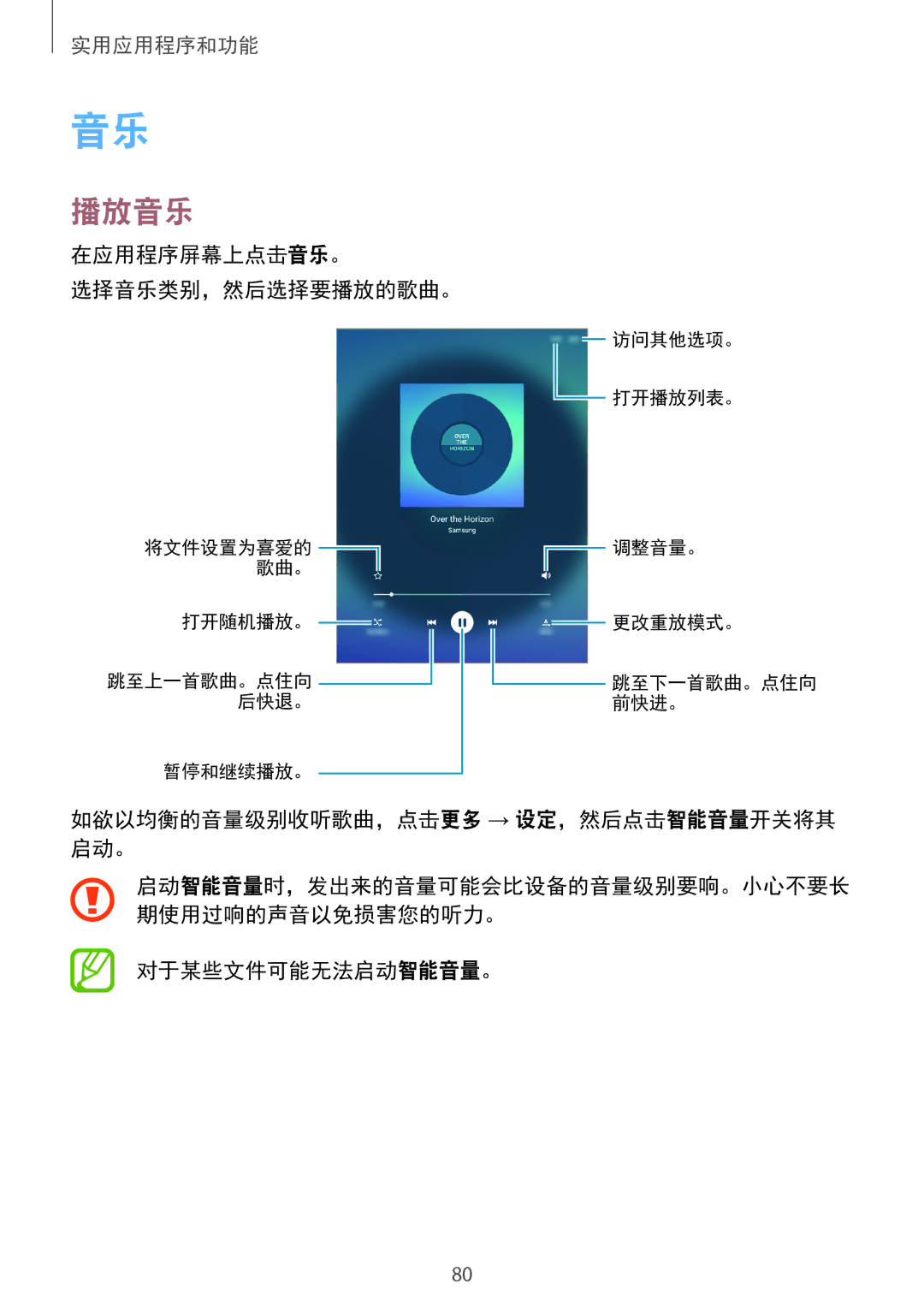 Samsung SM-P355NZAAXXV, SM-P355NZWAXXV 播放音乐, 在应用程序屏幕上点击音乐。 选择音乐类别，然后选择要播放的歌曲。, 如欲以均衡的音量级别收听歌曲，点击更多 → 设定，然后点击智能音量开关将其 启动。 