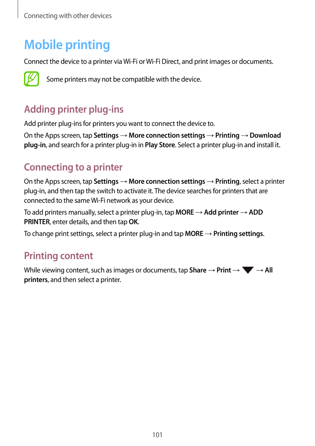 Samsung SM-P355NZWAXXV, SM-P355NZAAXXV Mobile printing, Adding printer plug-ins, Connecting to a printer, Printing content 