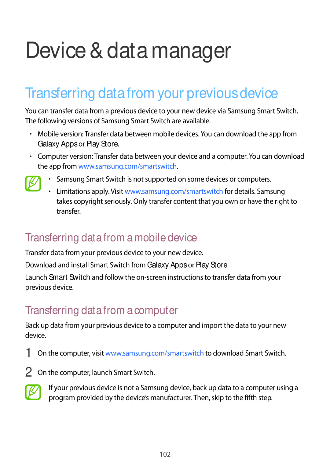 Samsung SM-P355NZAAXXV, SM-P355NZWAXXV manual Device & data manager, Transferring data from your previous device 