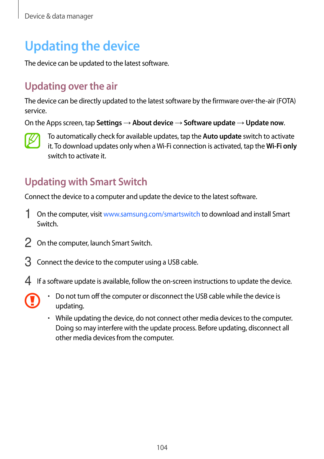 Samsung SM-P355NZAAXXV, SM-P355NZWAXXV manual Updating the device, Updating over the air, Updating with Smart Switch 