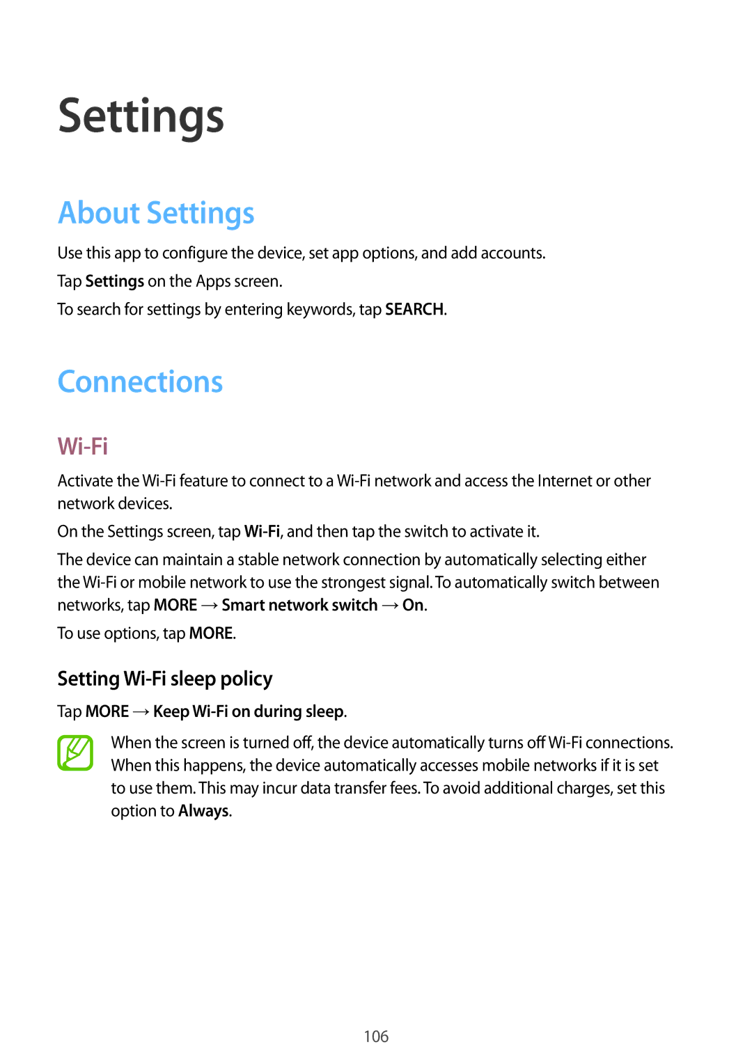 Samsung SM-P355NZAAXXV, SM-P355NZWAXXV manual About Settings, Connections, Setting Wi-Fi sleep policy 