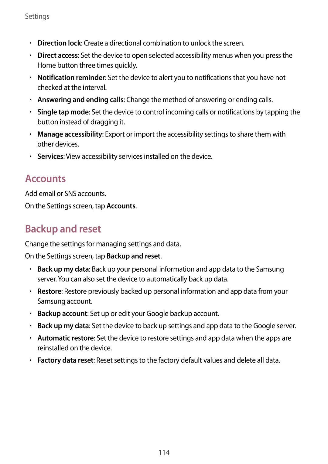 Samsung SM-P355NZAAXXV, SM-P355NZWAXXV manual Accounts, Backup and reset 