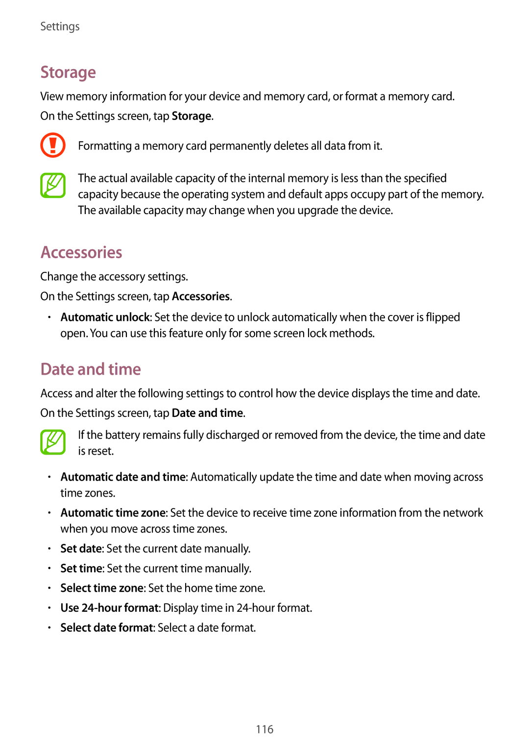 Samsung SM-P355NZAAXXV, SM-P355NZWAXXV manual Storage, Accessories, Date and time 